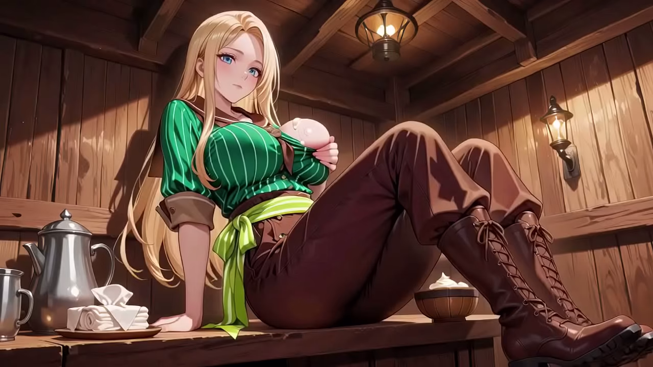 哎——酒吧后面的金发女仆，穿着紧身绿色条纹制服，脸色红润！